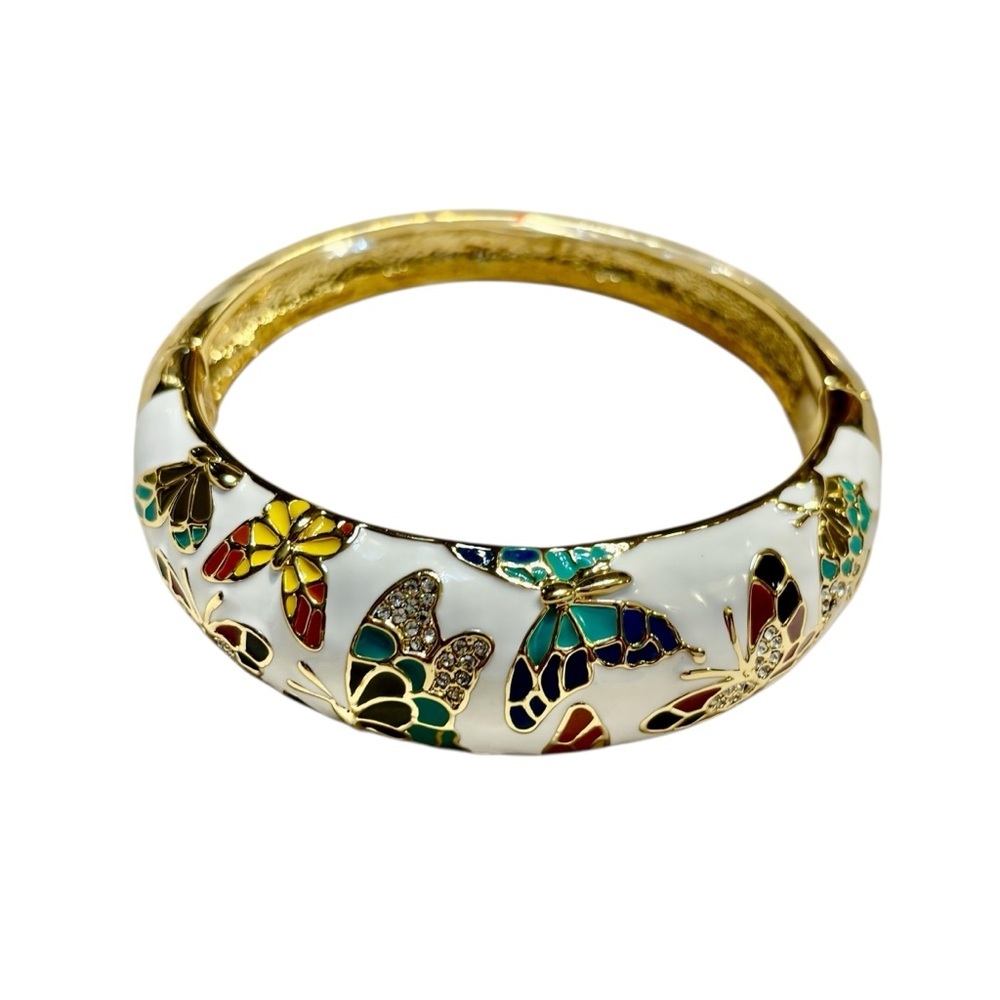NEW Bangle Bracelet “Spring of Versailles” Butterfly Enamel Gold White Crystals